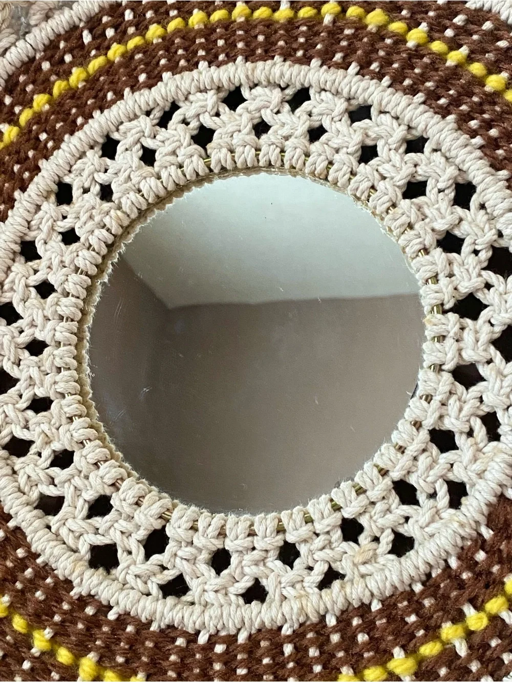 Handmade Macramé Round Wall Mirror in Cream, Brown & Yellow
